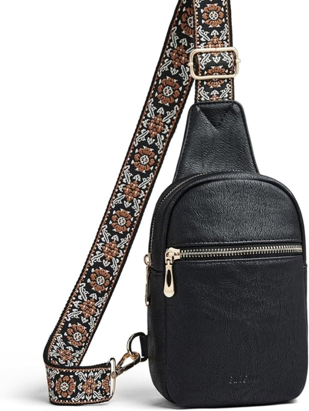 NWOT! Black Faux Leather Crossbody Shoulder Bag with Embroidered Shoulder Strap